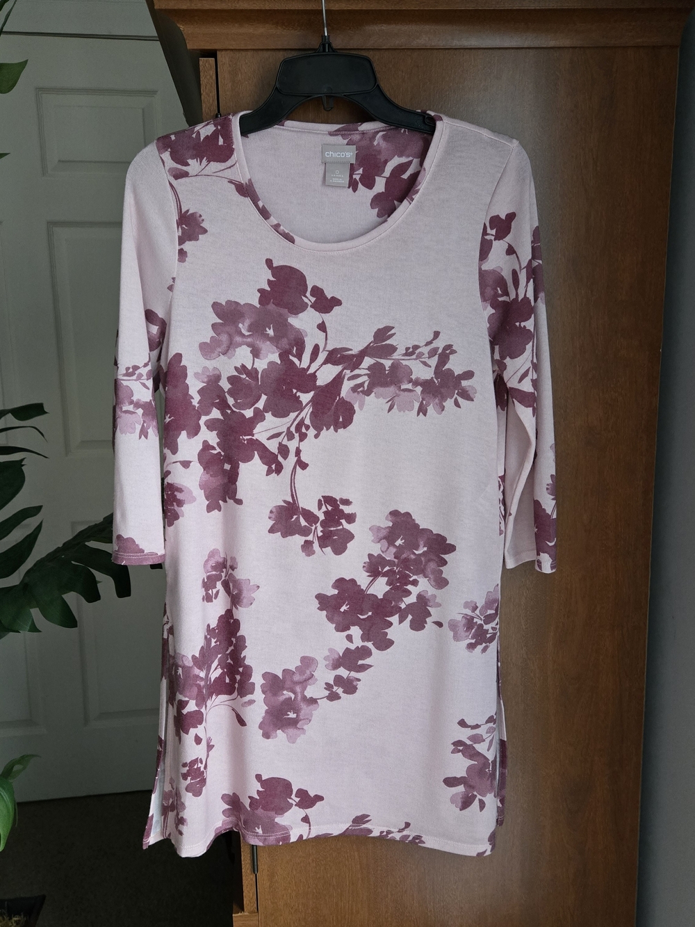 Chico's Pale Pink Tunic Top with Mauve Floral Print